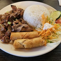 Rice with Charbroiled Shrimp, Crispy Egg Roll Pork, Beef or Chicken