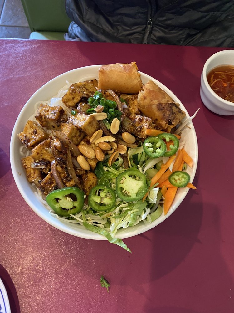 Stir-fried Lemongrass Vegetarian Tofu Vermicelli with Crispy Vegetarian Egg Roll