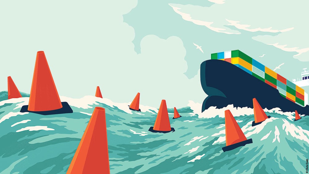 Minh họa tác động của thuế quan đến thương mại quốc tế và cảng biển Mỹ.