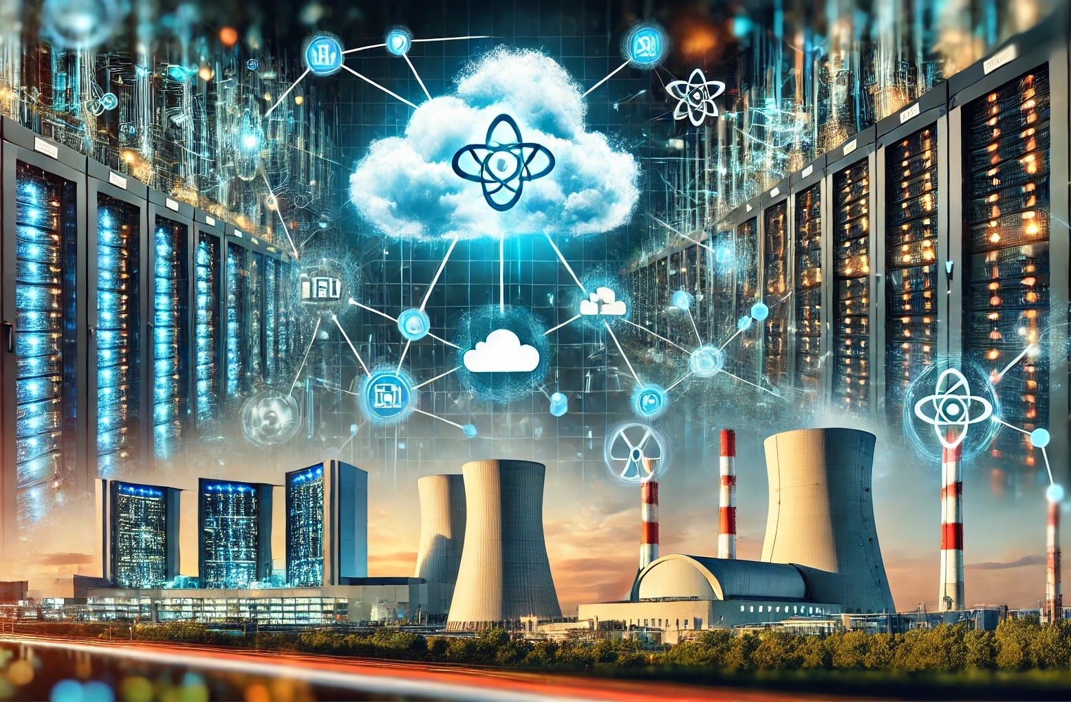 Minh họa trung tâm dữ liệu AI kết hợp với nhà máy điện hạt nhân – xu hướng mới của Big Tech.
