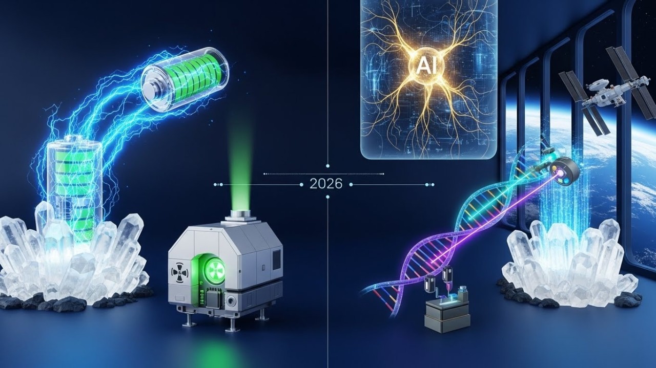 Minh họa tương lai công nghệ 2026: pin natri-ion, lò phản ứng hạt nhân thế hệ mới, humanoid robot, AI reasoning models và artificial wombs – những công nghệ đang dẫn đầu bình chọn breakthrough thứ 11 của MIT Technology Review