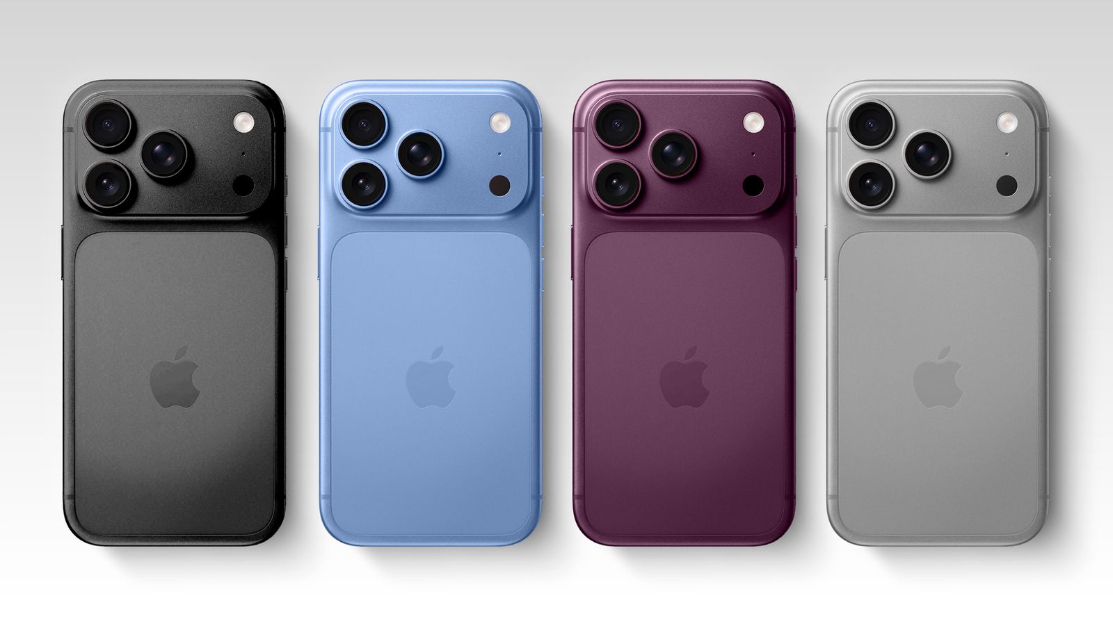 Hình ảnh: Bốn màu dự kiến của iPhone 18 Pro: Dark Gray, Light Blue, Dark Cherry và Silver (Nguồn: Render leak).