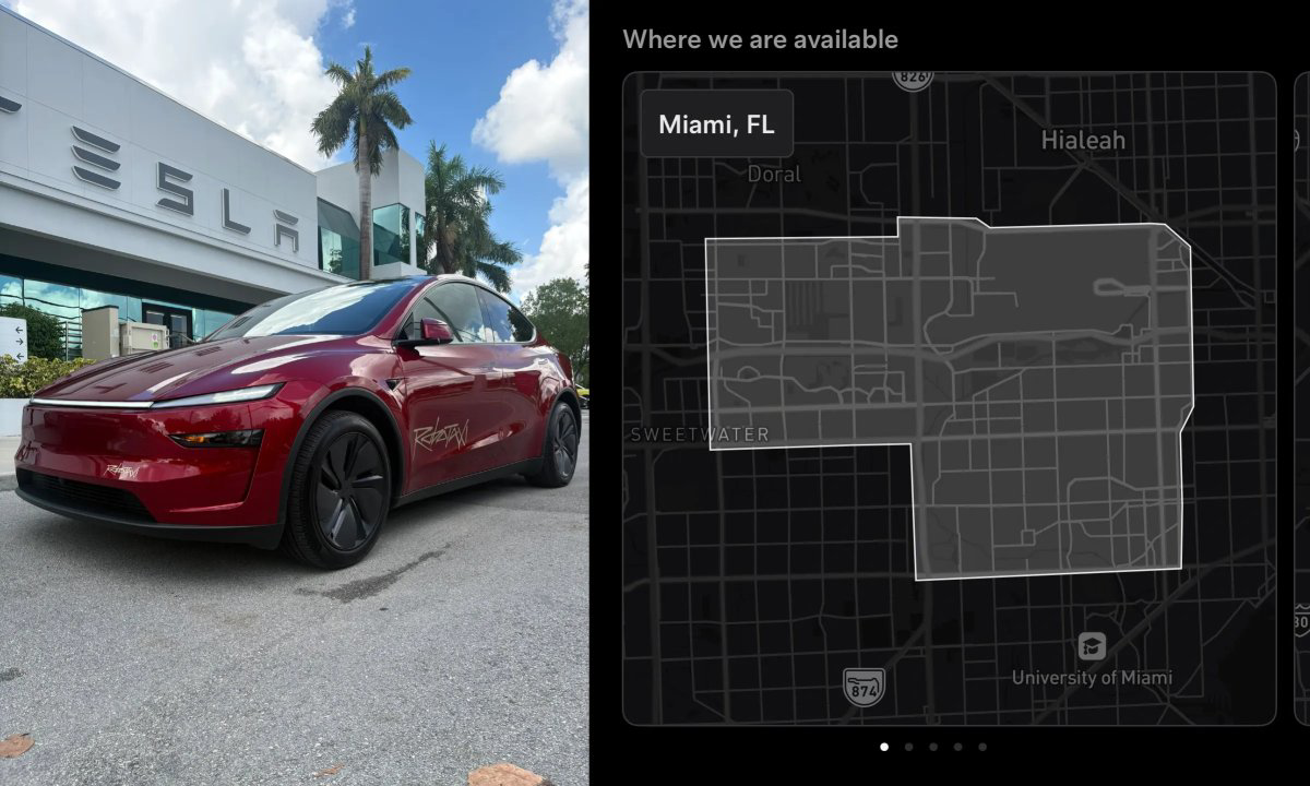 Xe Robotaxi Tesla tại showroom và bản đồ phủ sóng Miami.