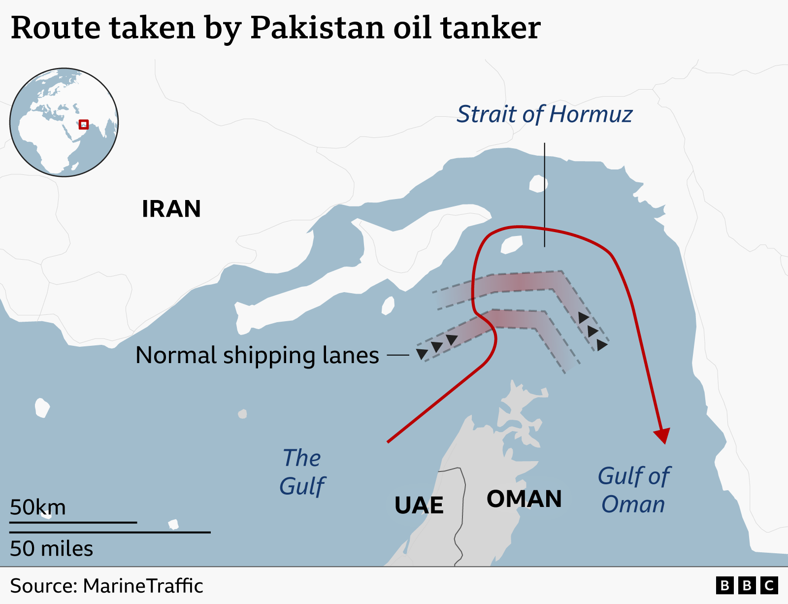 Bản đồ eo biển Hormuz và tuyến đường hàng hải.