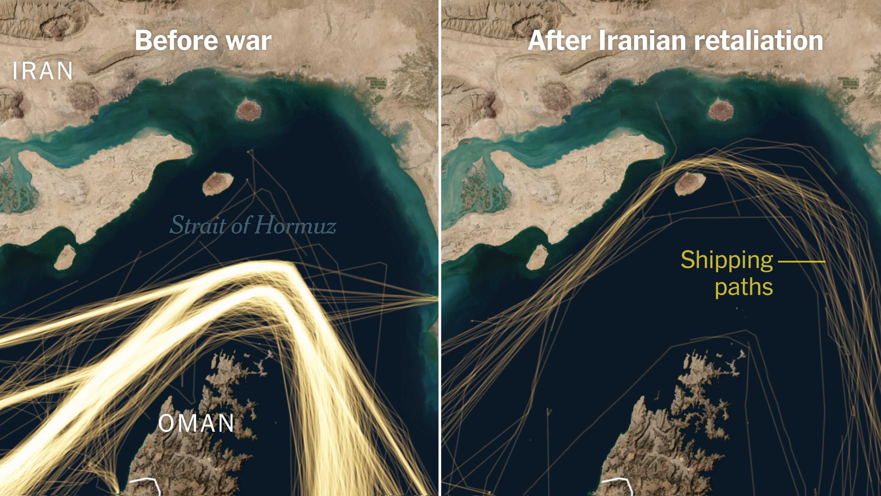 Đường tàu trước và sau căng thẳng ở Hormuz. Nguồn: The New York Times (bản đồ tương tác, 4/2026)