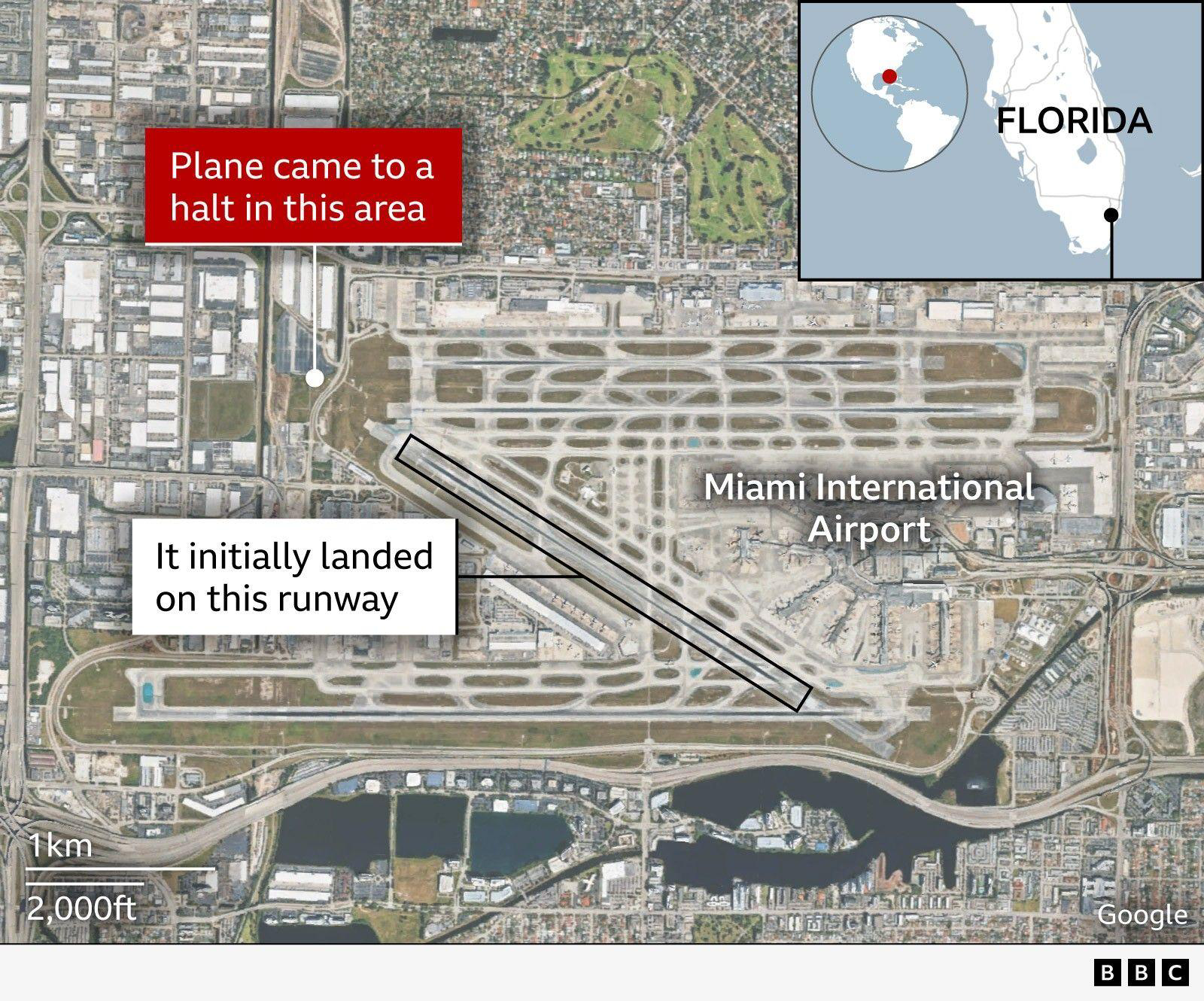 Bản đồ sân bay Miami: đường băng hạ cánh và khu máy bay dừng. Nguồn: BBC / Yahoo